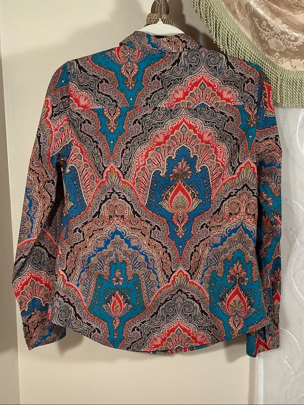 J.Crew Women’s Paisley Print Button-Up Colorful Shirt Aqua Green Red Sz 8 Cotto